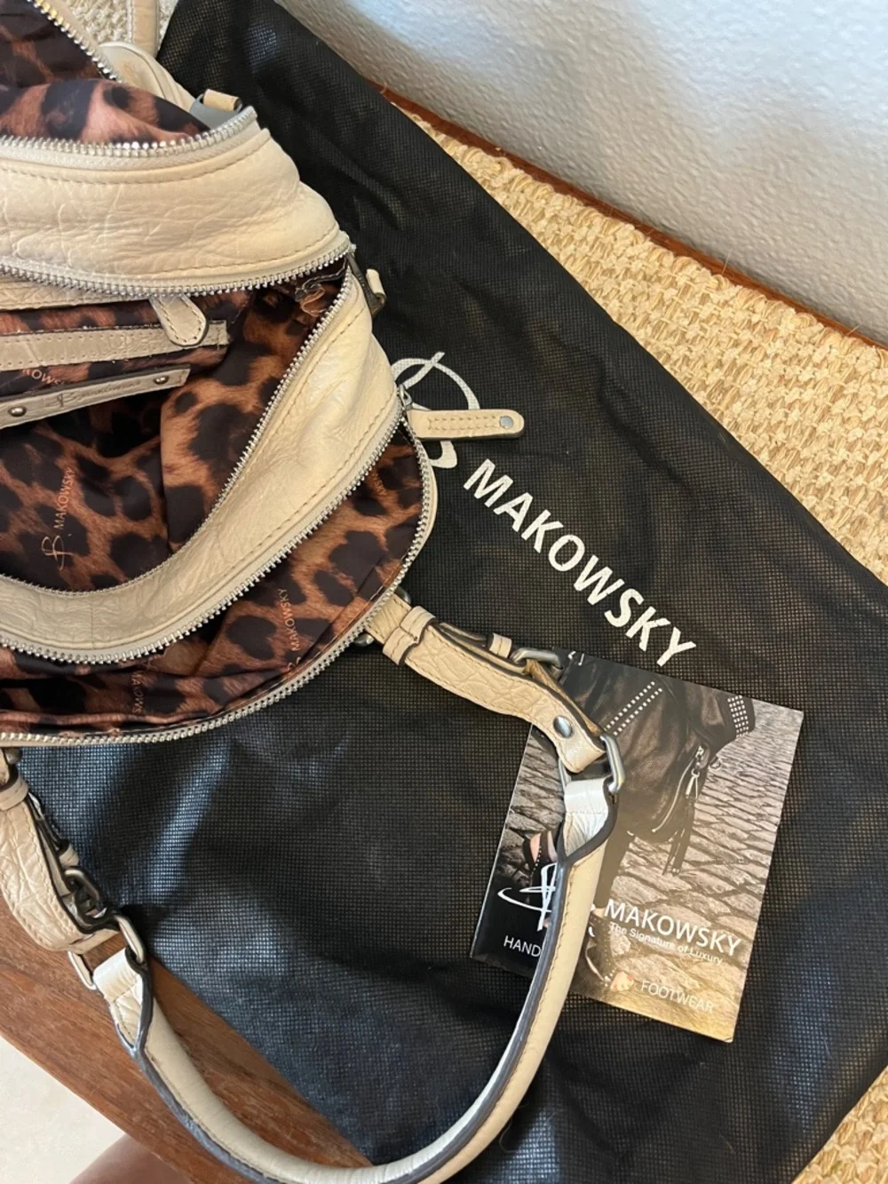 b. makowsky Cream Pebbled Leather Satchel